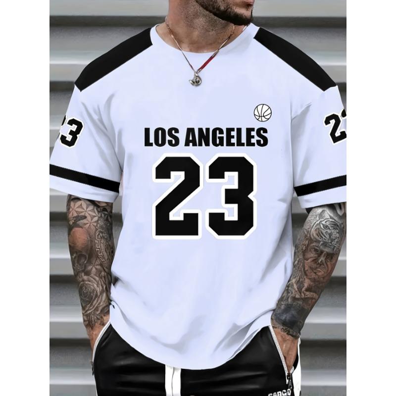 European and American Men's Summer Los Angeles Striped Letter Print Comfortable Breathable Round Neck