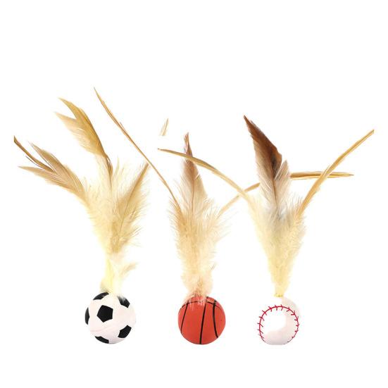 1 Pc/3 Pcs Interactive Feather Ball Toy Mini Bouncy Basketball Soccer Baseball with Feather Pet Training Catcher Toy for Indoor Cats