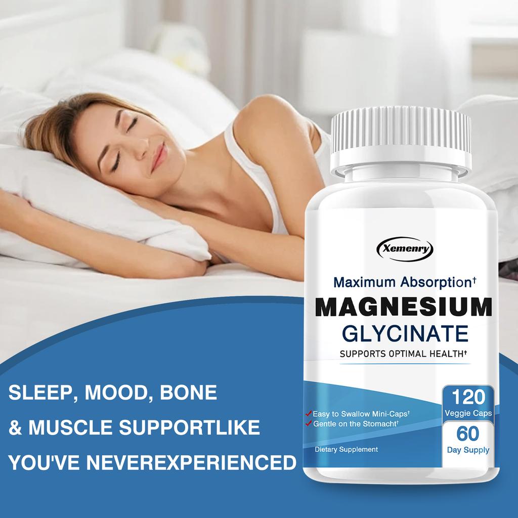 Magnesium Glycinate 500mg Capsules, Maximum Absorption Magnesium Supplement for Nerves Muscles Heart Mood
