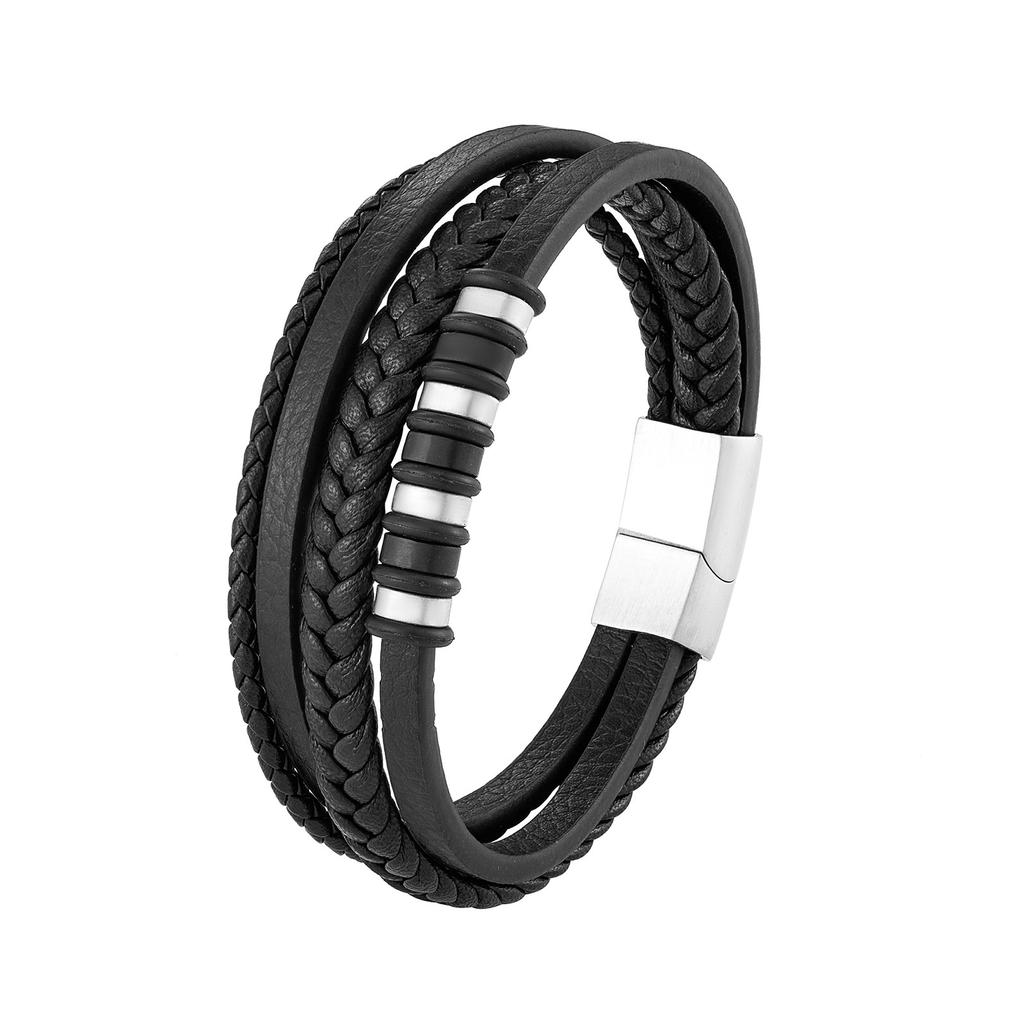 Braided Leather Bracelet popular Men's - Adjustable Black Punk Style Layered Wristband For Casual  Party Wear