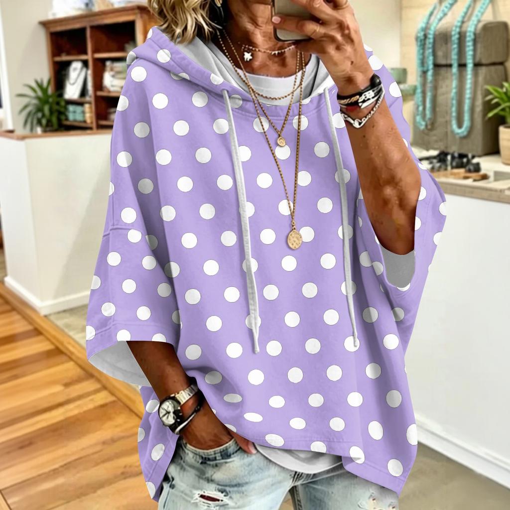 Dames Sweatshirt met Kap en Stippenprint Trekkoord Losse Pasvorm Casual Top