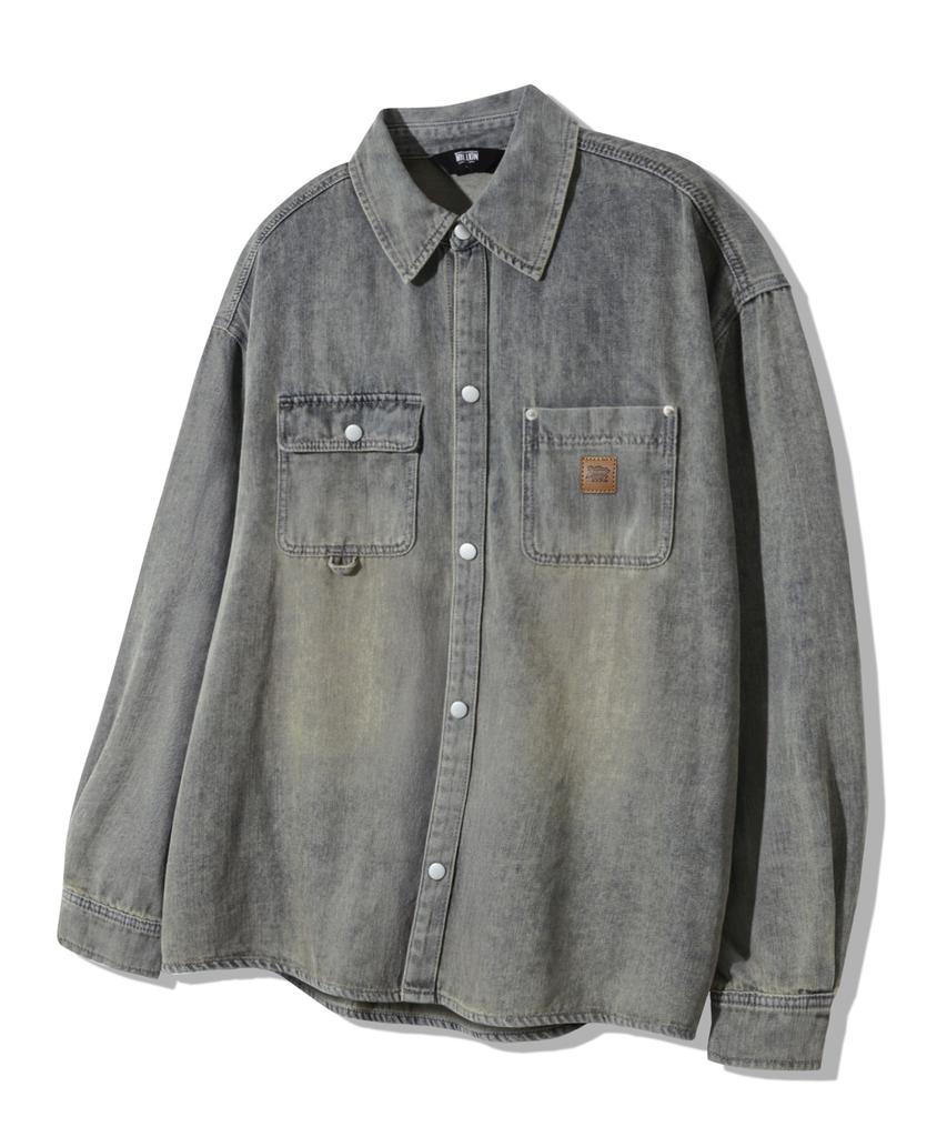 TRILLION Leather Patch Oversized Work Denim Long Sleeve Shirt_Sand Blue