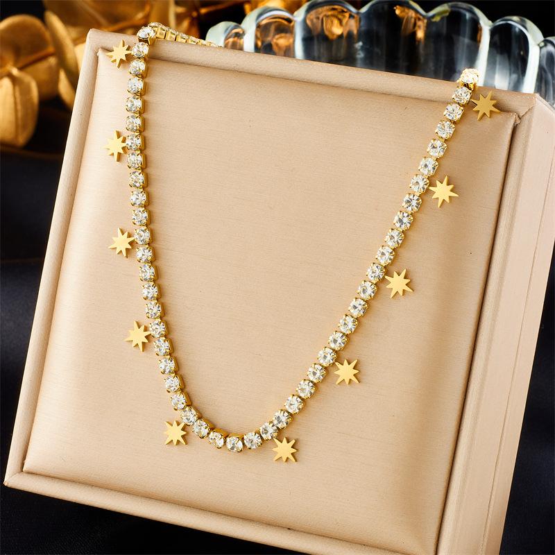 Gold Plated CZ Tennis Chain Star Pendant Necklace, Stainless Steel Dainty Y2K Choker, Waterproof Sparkly Jewelry for Women Gift