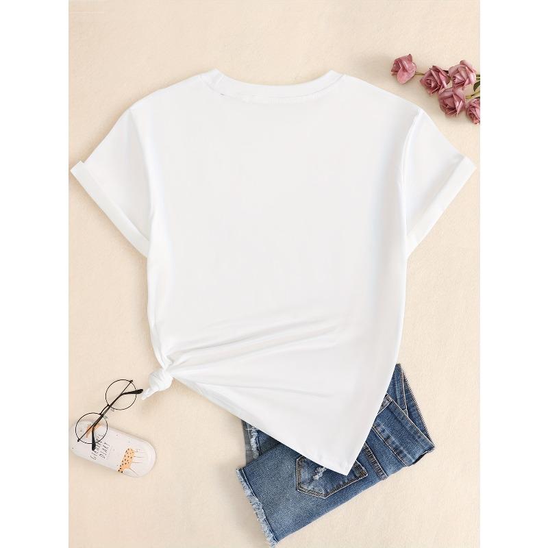 European sizes Women'S Casual Crew Neck T-Shirt Graphic Design - Short Sleeve, Slight Stretch, Black Summer Tee for Casual Attire, Ladies T Shirts