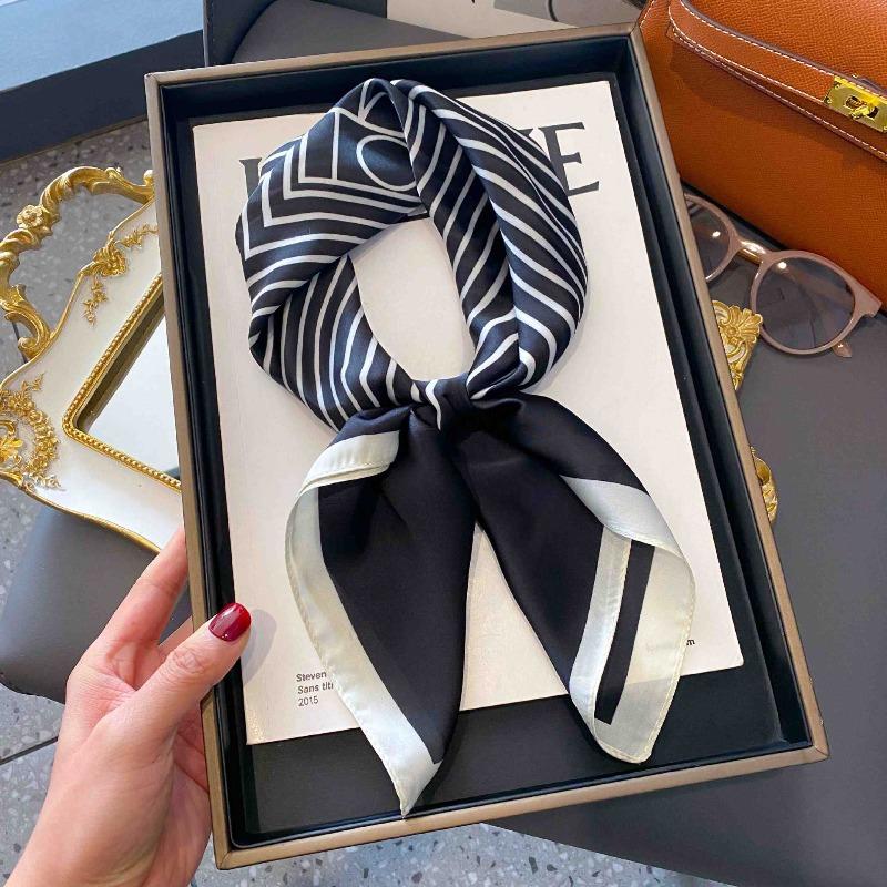 New Striped Silk Scarf Simulation Silk Small Square Scarf Simple Fashion Professional Scarf Silk Scarf Square Scarf High-end Matching