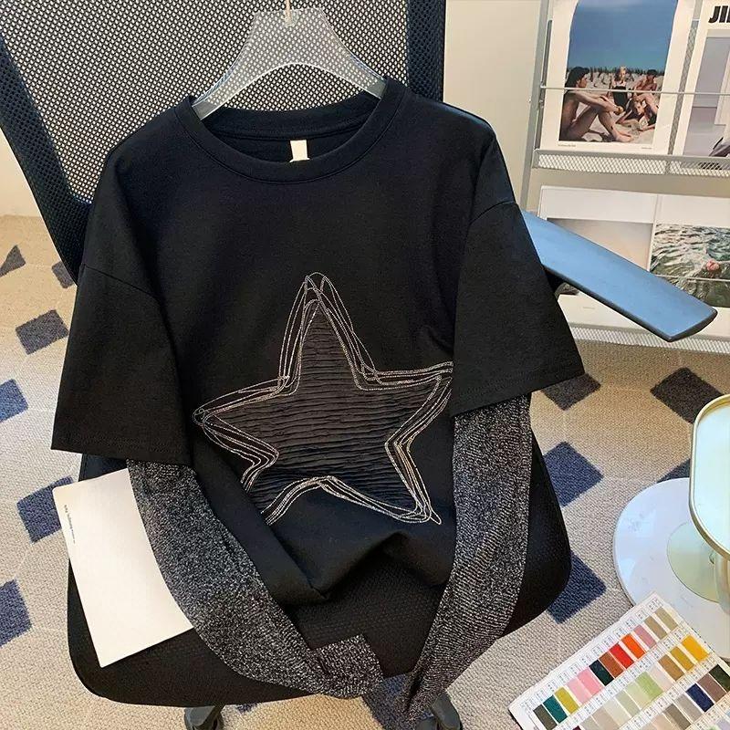 Harajuku Women Clothing Chic Tshirts Patchwork Fake Two Tees Y2k Tops Star Long Sleeve Casual Korean Oversized T-shirt