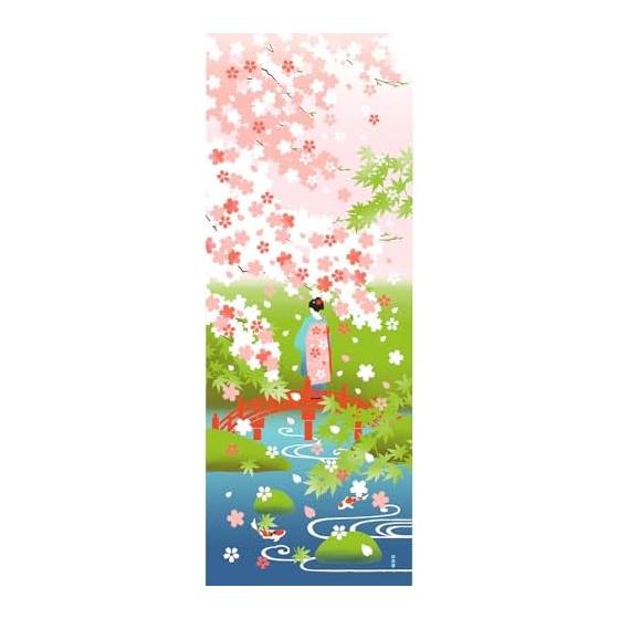 Hamamonyo Tenugui Towel - Cherry Blossoms, Fresh Green, Japanese Garden, Maiko, Spring Breeze - 100% Cotton, Approx. 34cm X 90cm, Dyed, Raw Edge