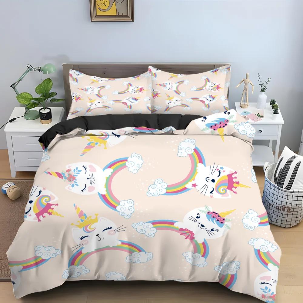 Cartoon Unicorn Pink King Queen Duvet Cover Kids Girls Lovely Animal Bedding Set Rainbow Quilt Cover Polyester Comforter Cover