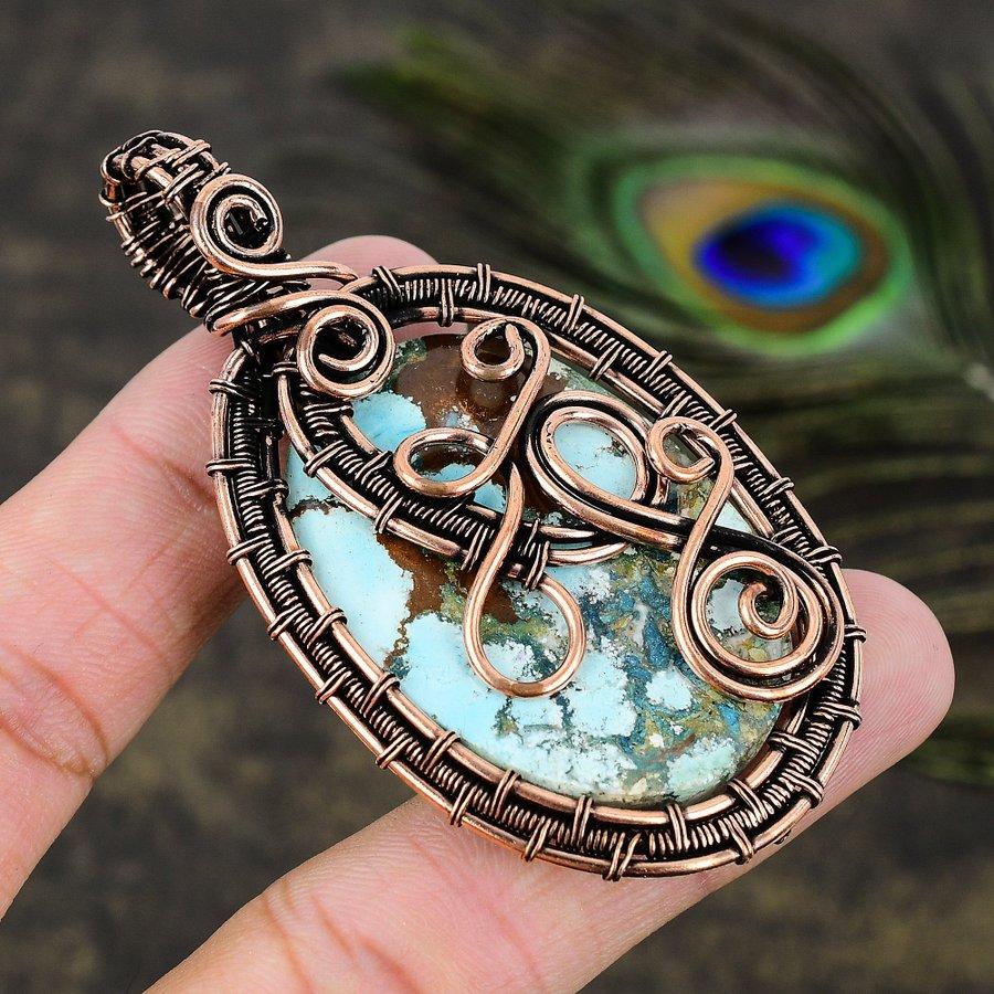Tibetan Turquoise Gemstone Copper Wire Wrap Jewelry Pendant 3.03