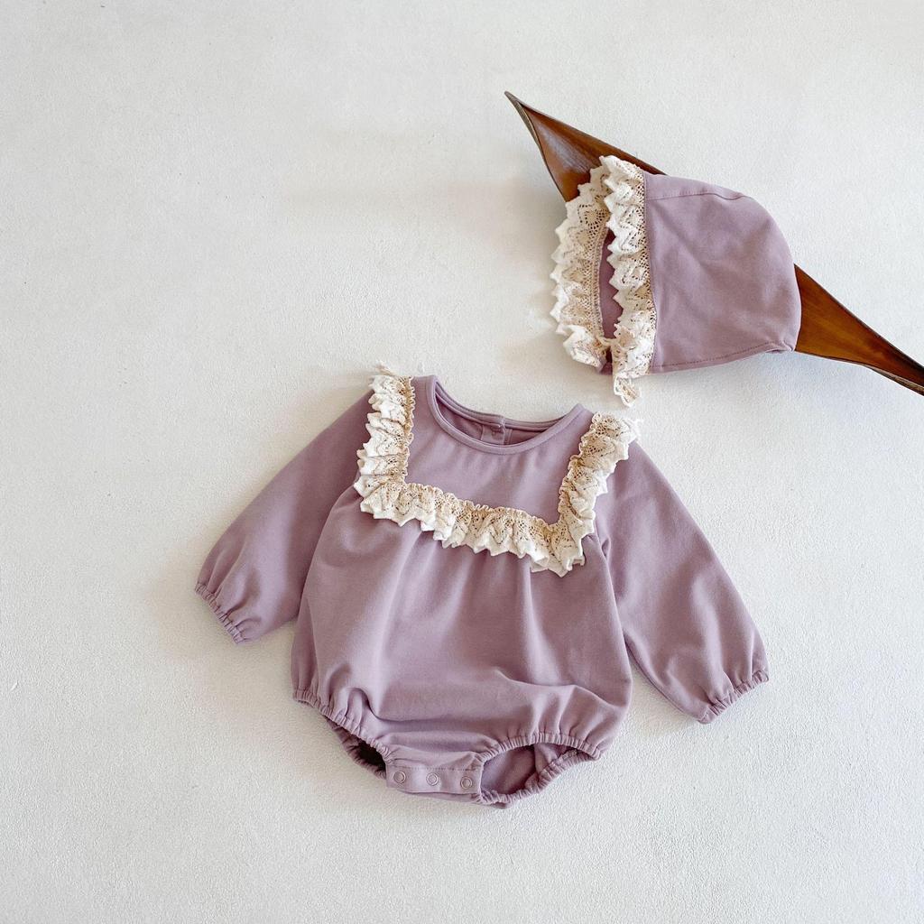 2024 Spring Baby Girls Lace Ruffle Long Sleeve Romper with Hat