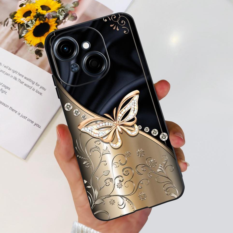 Flower Butterfly Women Fashion Back Cover For Tecno Spark GO 1 Spark GO 2025 Phone Funda Black Matte Soft TPU Silicone