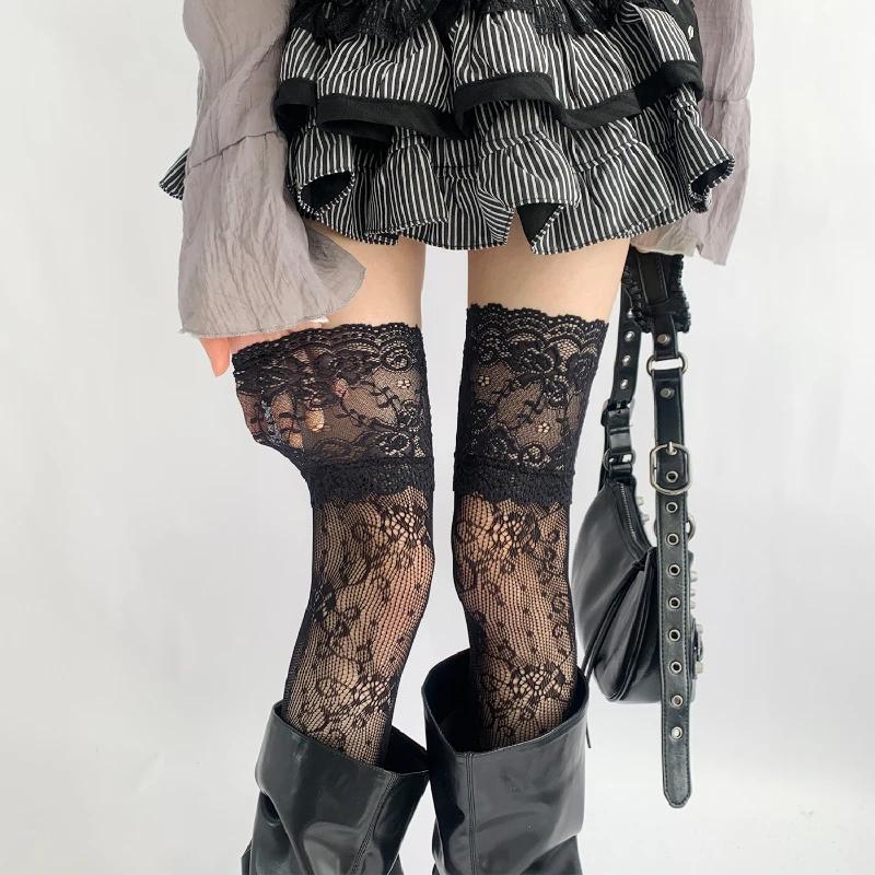 2025 Women Flower Lace Fishnet Thigh High Stockings Japanese Style JK Girl Sweet Lace Trim Frilly Over Knee Long Socks