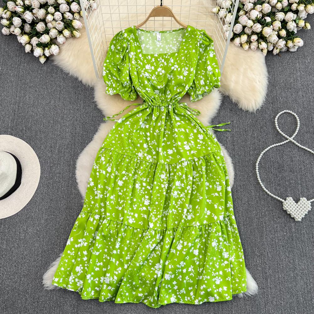 Summer Elegant Square Collar Loose Dress Women Vintage Bubble Short Sleeve Slim A-line Floral Dress French Retro Long Dresses Casual