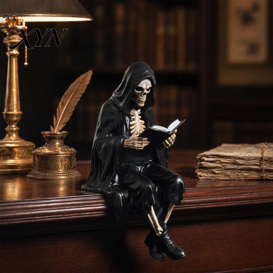 Gothic Bookshelf Accessory Halloween Reading Book Skeleton Figurine, Spooky Devil Resin Sculpture, Decor Black Robe Grim Reaper Statue for Home Office