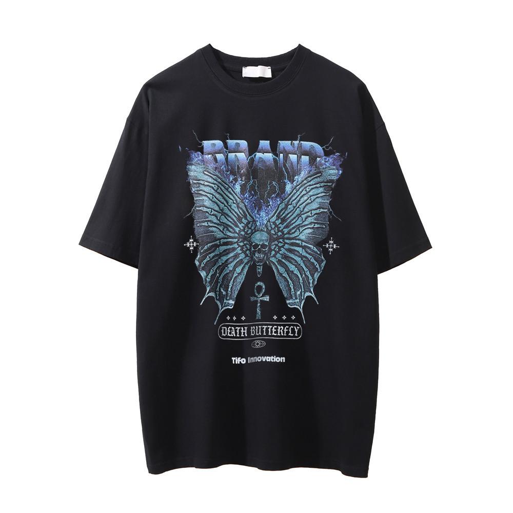 T-shirt z krótkim rękawem z nadrukiem Diabła Czaszki dla Męskiego Instagrama Europa i Ameryka Street Old Okrągły Dekolt Rękaw 5/4 T-shirt Letni Sci Fi Luźny Krój