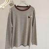 Autumn Long Sleeve T-Shirt Women's New Cartoon Embroidery Contrast Color Round Neck Striped Top