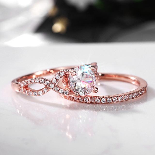 New Rose Gold Color Double Stackable Set Rings Women Chic Accessories Full Zirconia Female Party Jewelry Aesthetic 2Pcs Rings
