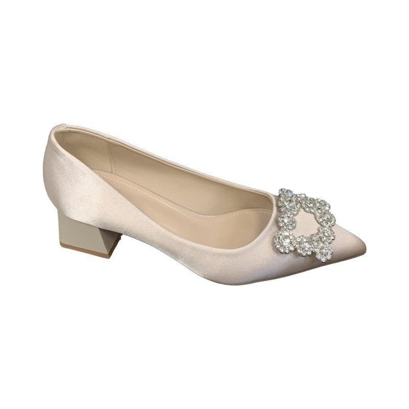 Chaussures simples à talons épais pour femmes à la mode avec boucle carrée en diamant, chaussures simples à talons, femmes, nouvelle mode, satin, talon moyen, bout pointu, chaussure de mariage