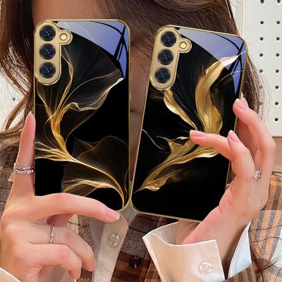 Floating Golden Ribbon For Samsung Galaxy S20 FE S21 S22 S23 Plus S24 Ultra 25Ultra S21+ S9+ S22Plus Golden Glass Phone Case