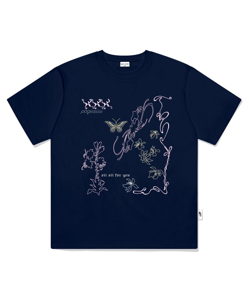 PAGESIISII Line Hand-Drawing Print Short Sleeve T-Shirt Navy