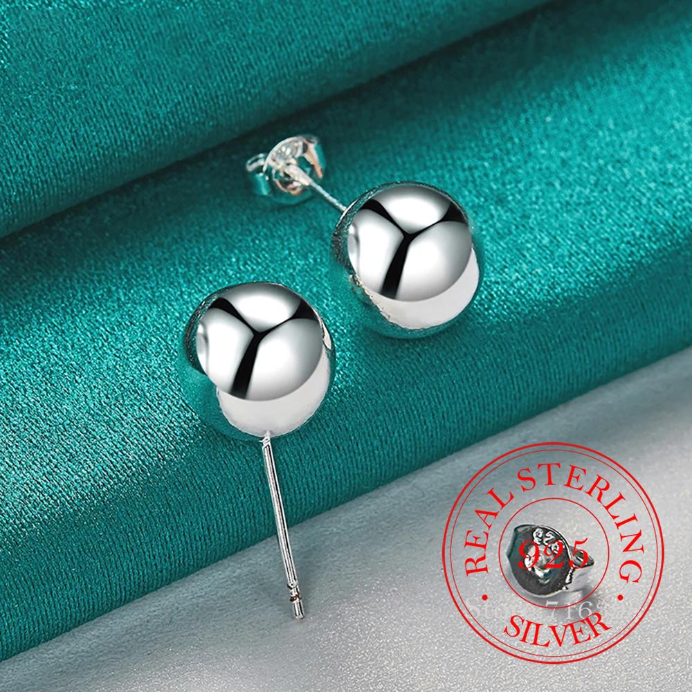 925 Sterling Silver 8mm/10mm Round Smooth Solid Bead Ball Stud Earrings For Women Girls Wedding Engagement Party Jewelry Gift