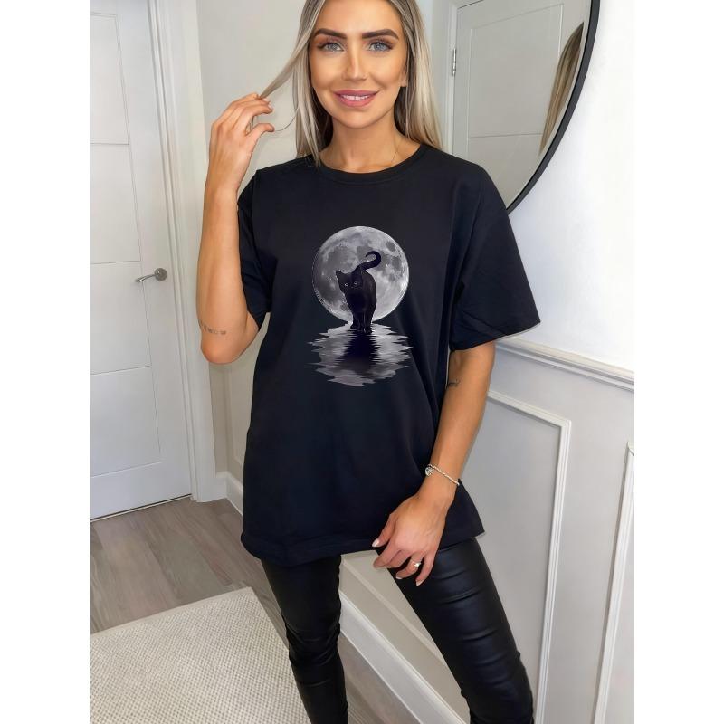Černé Oversized Tričko s Potiskem Černé Kočky a Plného Měsíce Pro Volný Čas