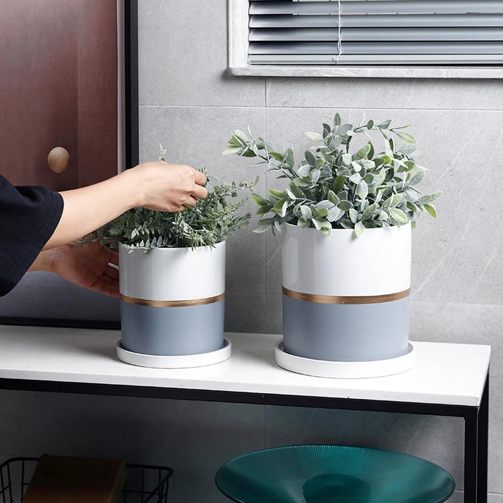 17/14/11cm Ceramic Flower Pots With Ceramic Tray for Indoor Succulent Plants Flower Cactus Office Home Garden Kitchen Decor Gift