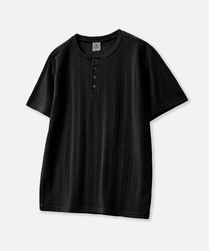 Dibellobeu Ribbed Henley Neck Short Sleeve T-Shirt_Black