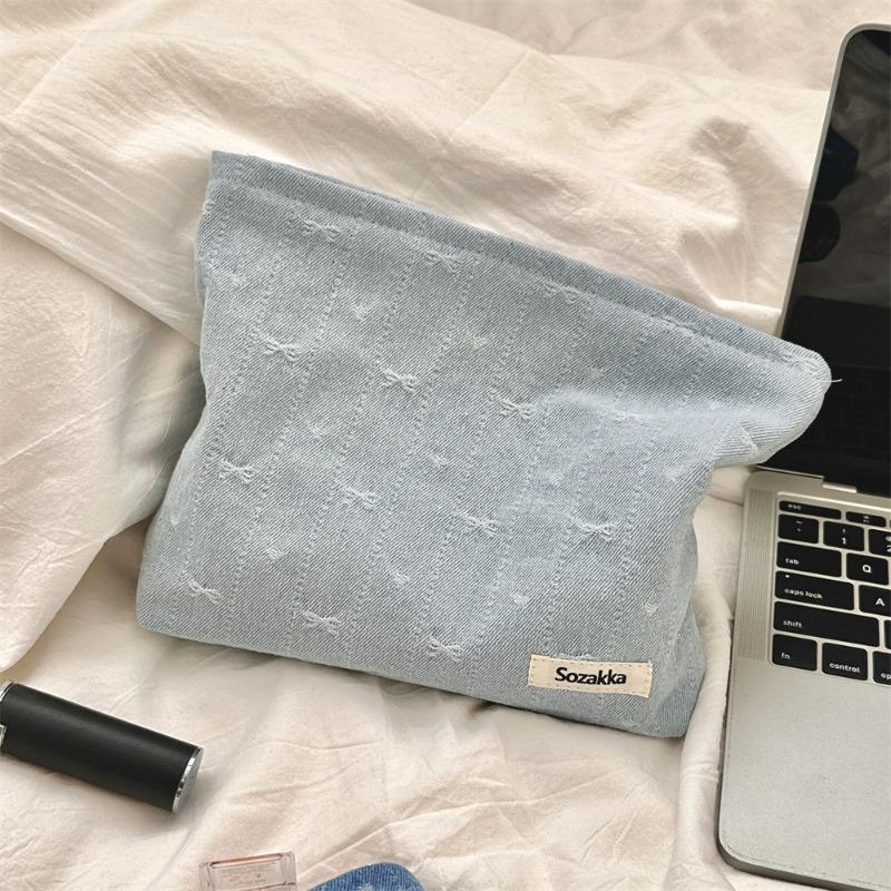 410125 Denim Bow Cosmetic Bag Water Milk Skin Care Products Large Capacity Zipper Storage Bag Shopping Clutch Bag