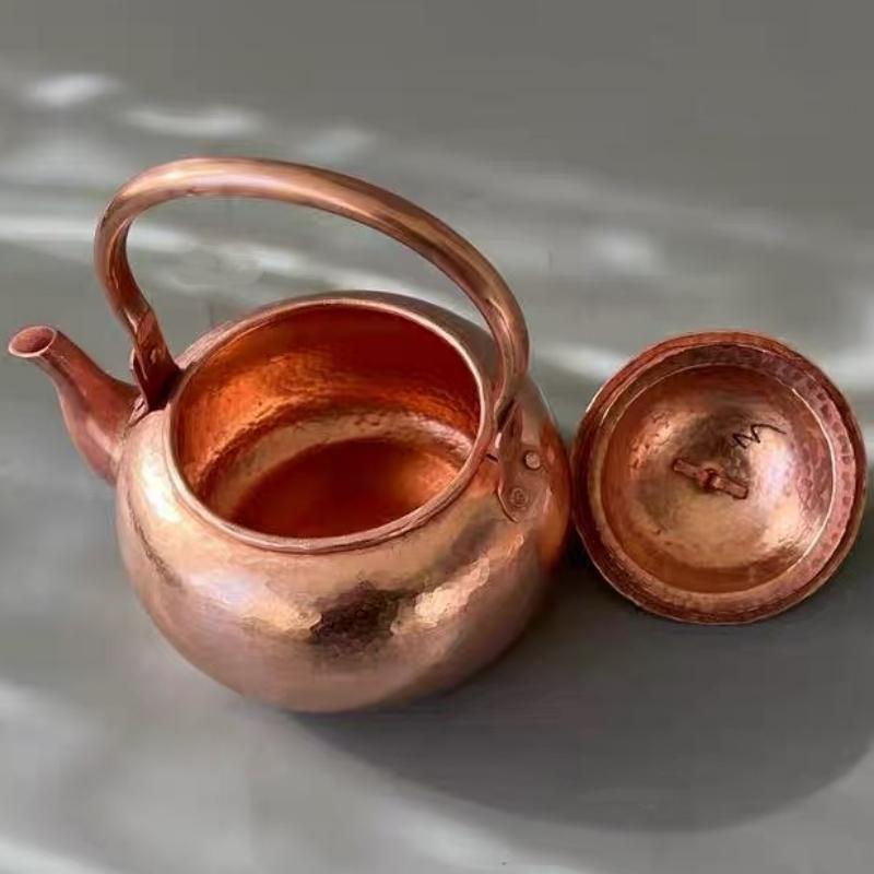 Vintage Copper Coffee Pot,Camping Handcrafted Hammer Texture With Lid Portable Kettle,Thickened Heat Resistant Filter Teapot
