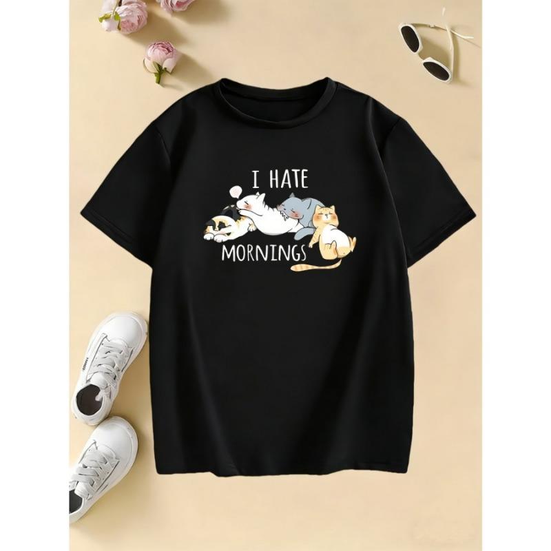 Kinder T-Shirt Sommer Frühling Kinder Ich hasse Morgen Süße Katze Aufdruck T-Shirt