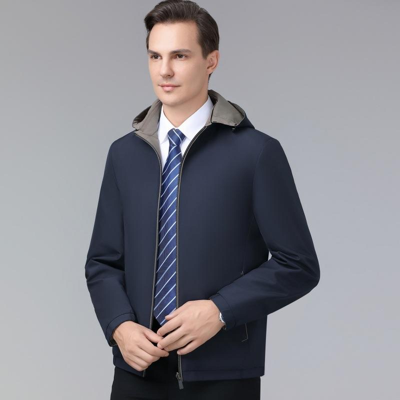 Herrenjacke aus Maulbeerseide Herbst Mittelalter Business Casual beidseitiges Oberteil Papa-Kleidung abnehmbare Kapuze Herrenjacke