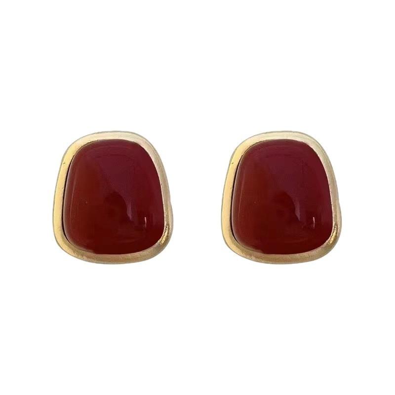 Retro Style Geometric Ankara Red Square Oil Drop Ear Buckle Simple Fashion Design Earrings High-End Temperament Earrings