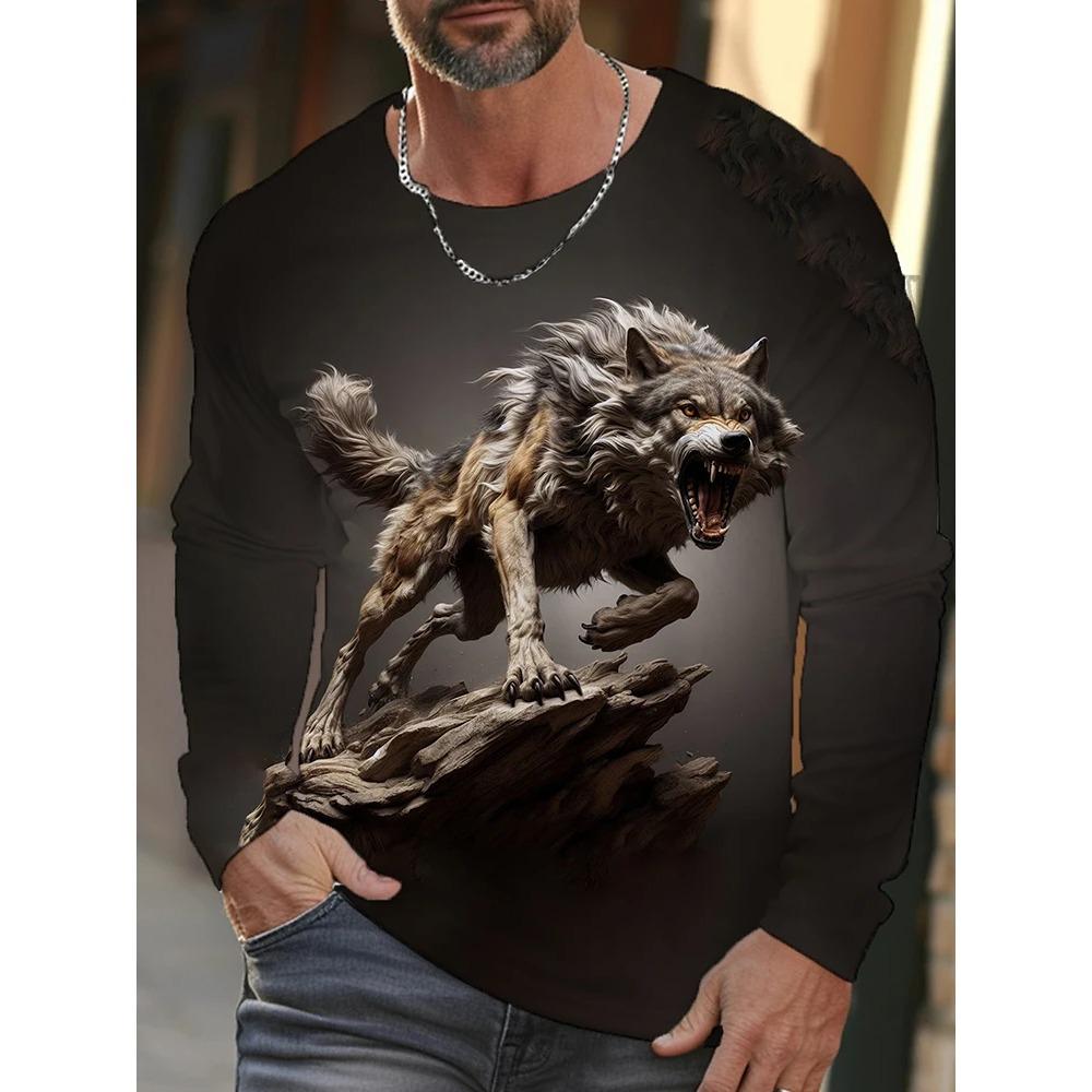 Spring and Autumn Round Neck 3D Animal Wolf Lion Pattern Printed Top Fashionable Casual Long Sleeved Men's T-shirts