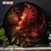 D Flat Fantasy Phoenix Metal Sign Fiery Red Gold Bird Abstract Round Tin Wall Art Glowing Neon Style Mystical Bohemian Home
