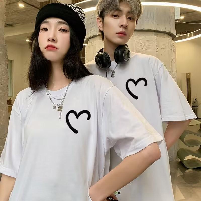 Couple Tshirt Oversized Loose Fashion Heart-shaped Graffiti Print Shirt Short Sleeve T-Shirt Men Tops Trendy Student Summer Clothes Casual Men Tshirt