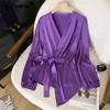 Femmes Mode Coréenne Lacets Élégants Chemises Printemps Automne Dame de Bureau Commute Manches Longues Blouses Violet Col V Tops Slim