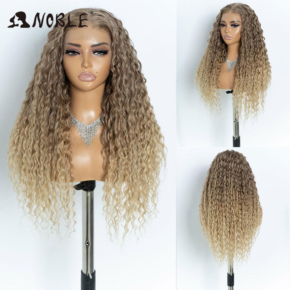 Noble Synthetic Lace Front Wig 26 Inch13x6 Curly Wig Ombre Platinum Blonde Wigs For Women Two Locks Wear and Go Glueless Wigs