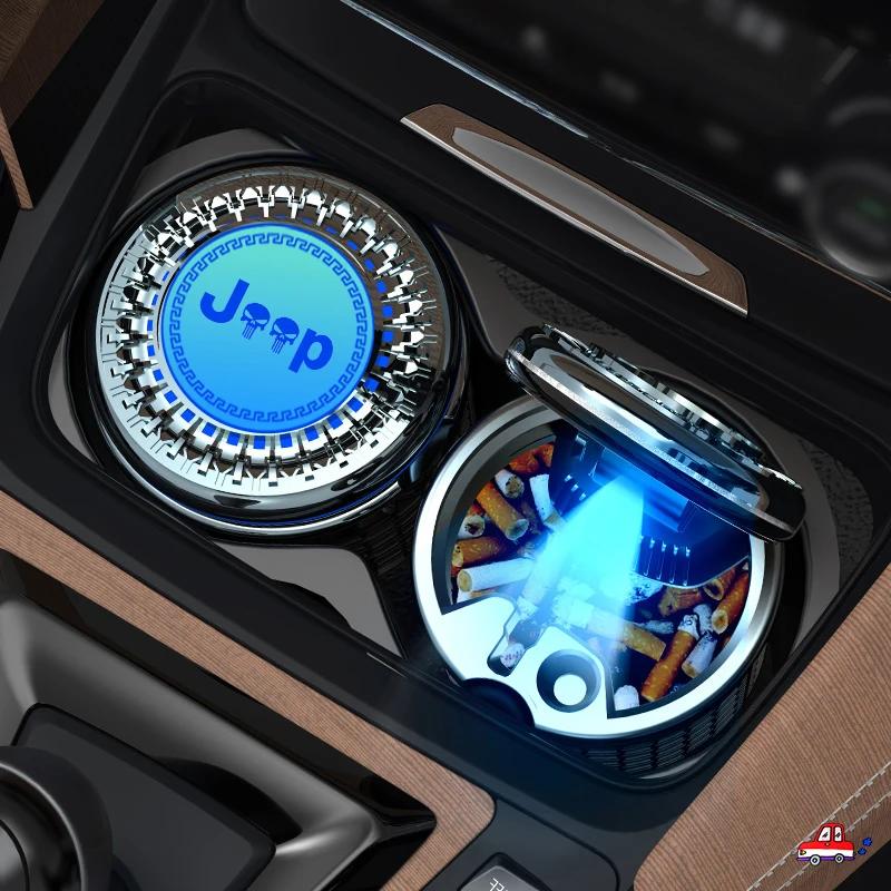 For Jeep Car Mounted Cup Holder Ashtray Luminous Cigarette Ash Box For Jeep Grand Cherokee Wrangler JK Gladiator Compass Rene