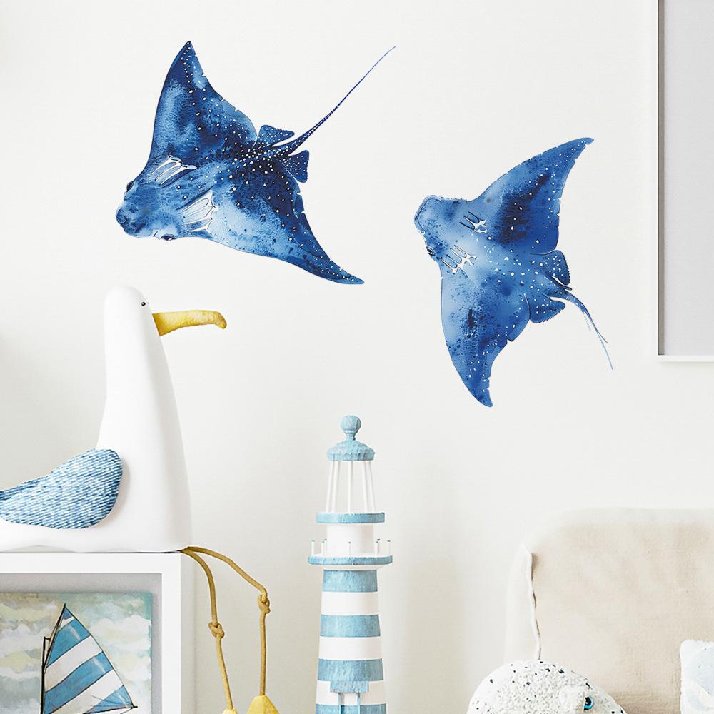 Cartoon Underwater Manta Ray Wall Sticker Self-Adhesive for Bedroom Bathroom Home Background Wall Decoration