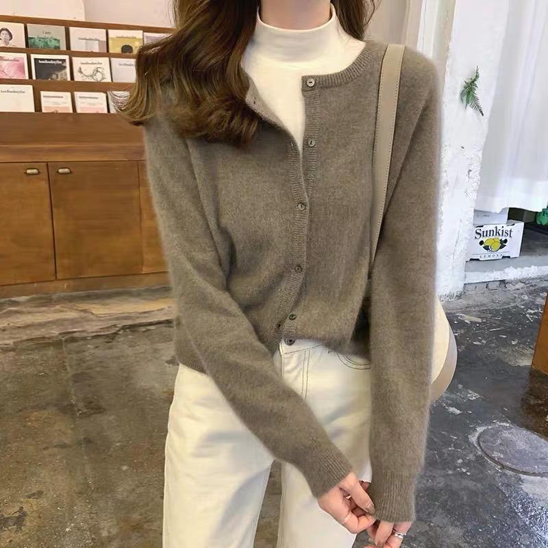 Fashion New Round Neck Short Knitted Cardigan Jacket Women Autumn Winter Loose Outerwears Women's Cardigans Sweater Long Sleeve Solid Sweaters 24917