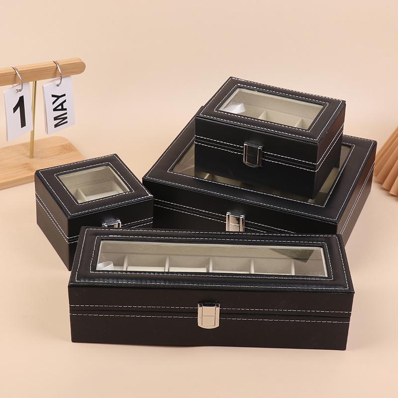 1Pc Black Pu Leather Watch Box Display Case Organizer With Framed Glass Lid And Removable Pillow For Men And Women