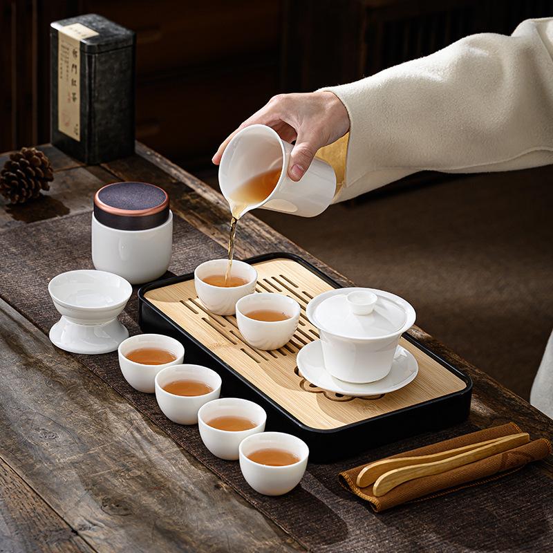 Suet Jade White Porcelain Kung Fu Tea Set Home Office Teapot Cover Bowl Teacup Ceramic High-end Gift Box Gift