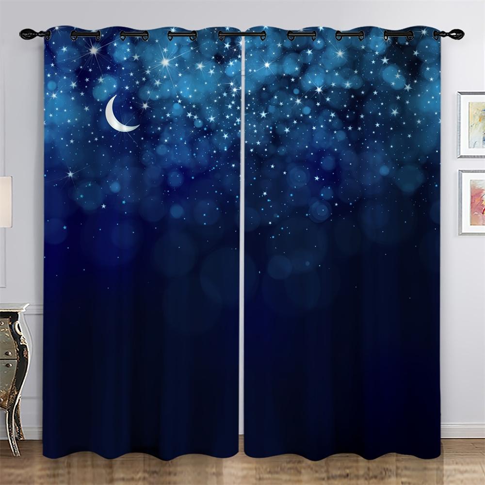 Night Moon Galaxy Blue Cloud Shine Stars Starry Window Curtain For Living Room Kids Bedroom Bathroom Kicthen Door Home Decor2pcs
