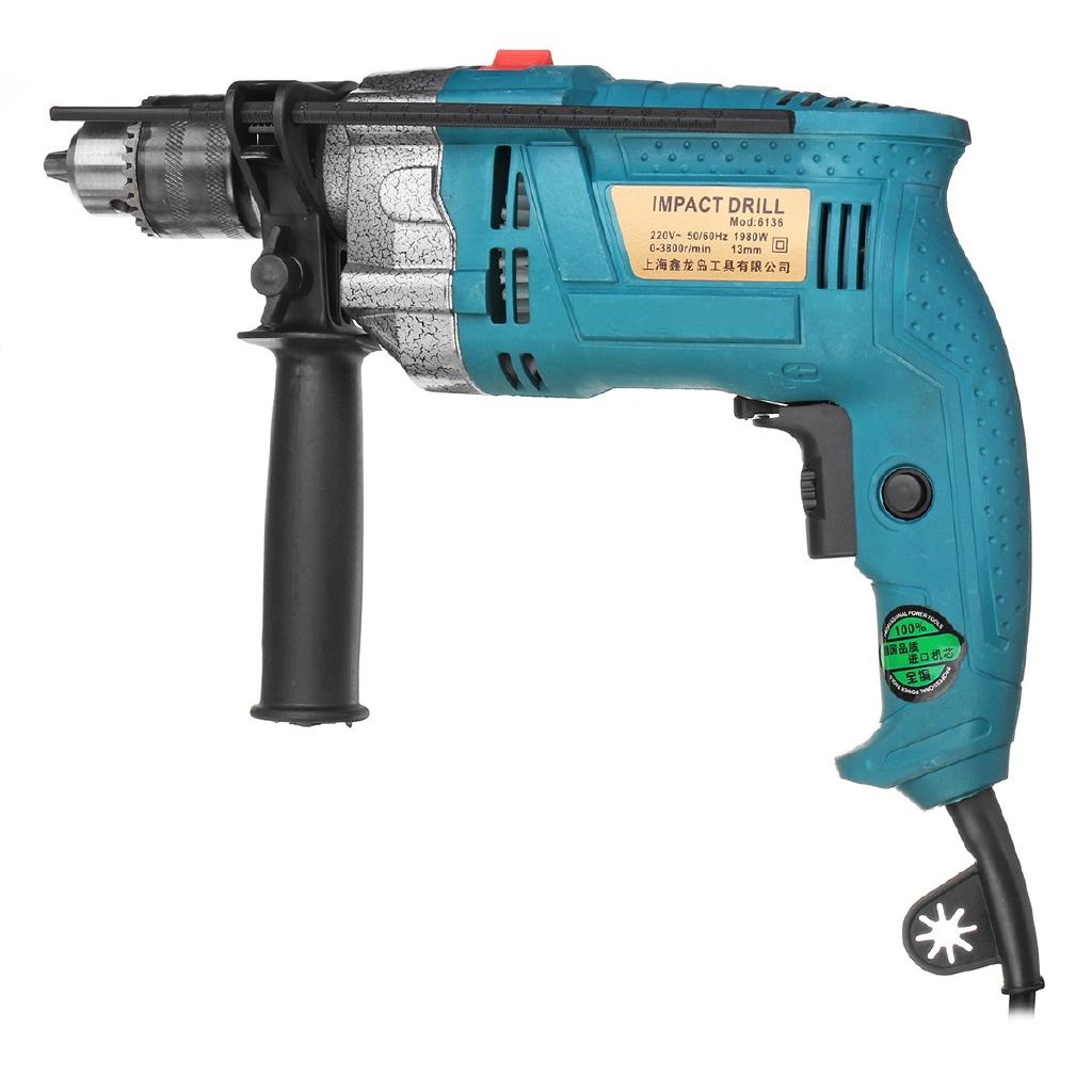 220V 1980W 3800RPM Electric Impact Drill Household Electric Flat Drill Woodworking Power Tools