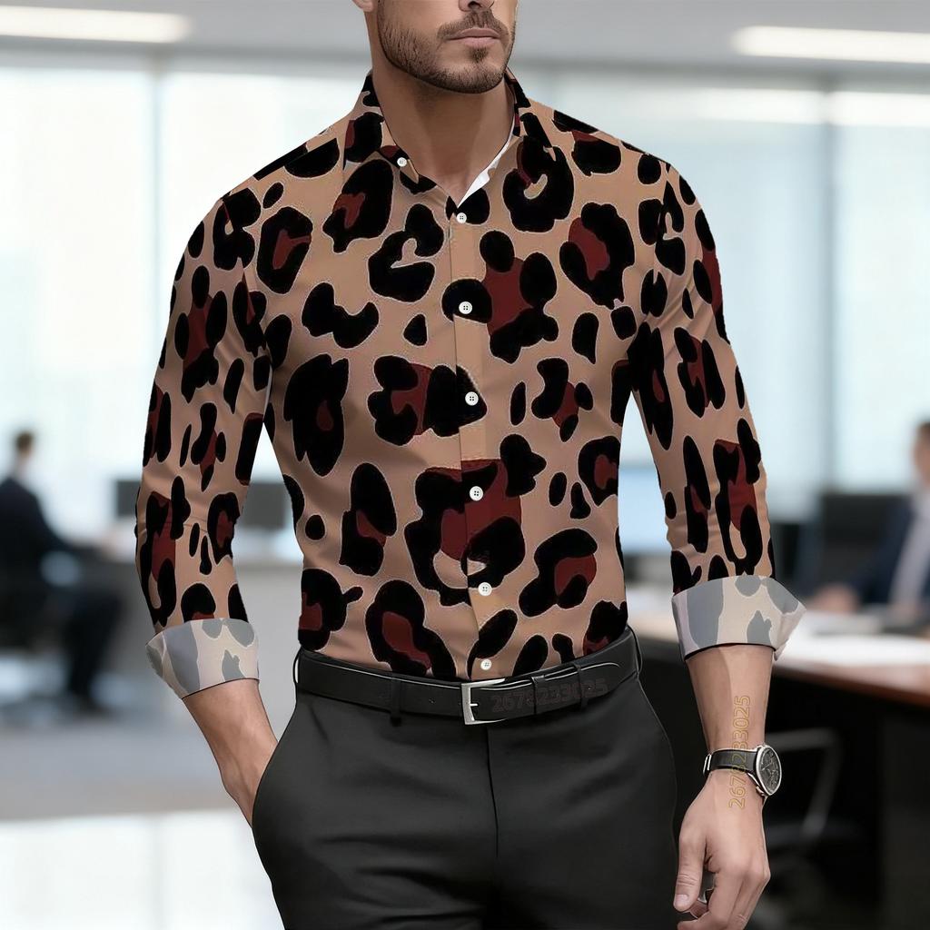 2026 Nueva Camisa para Hombre Personalidad Retro Estampado de Leopardo Manga Larga Negocios Ajuste Delgado Tendencia de Moda Top Casual para Hombre