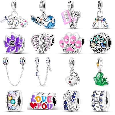 925 Sterling Silver Radio Heart Star Moon Safety Chain Clip Flowers Tree Beads Fit Charms Bracelet Fine Jewelry