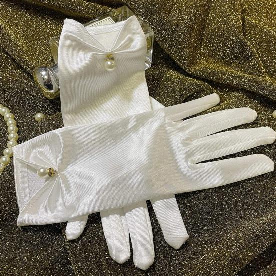 1 Pair Bride Wedding Gloves Pleated Smooth Satin Anti-slip Faux Pearl Decor Elastic Pure Color Dance Ball Banquet Cocktail Party Lady Gloves