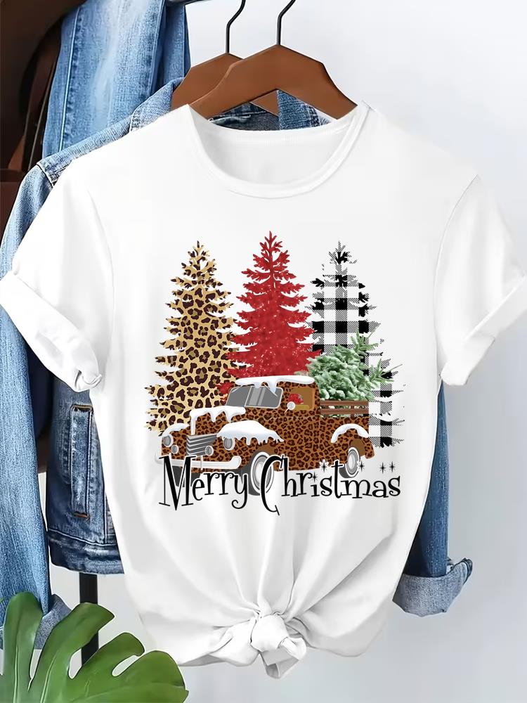 (Asian Size) T Shirt Print Fashion Cute Lovely 90s Merry Christmas Women's Top Short Sleeve T-shirts O-neck Casual New Year Clothing Graphic Tee