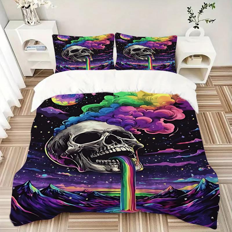 3pcs bedding set Skull Rainbow Includes 1 Comforter + 2 Pillowcases, Without Pillow Inserts, Soft Comfortable, Lightweight Breathable, Print